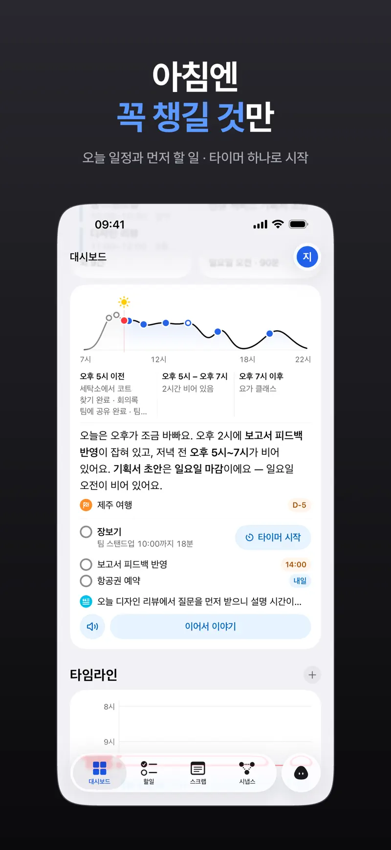 App Store 스크린샷: 하루 흐름 그래프, 오늘의 브리핑, 먼저 할 일 목록과 [타이머 시작] 버튼이 있는 Aria 대시보드