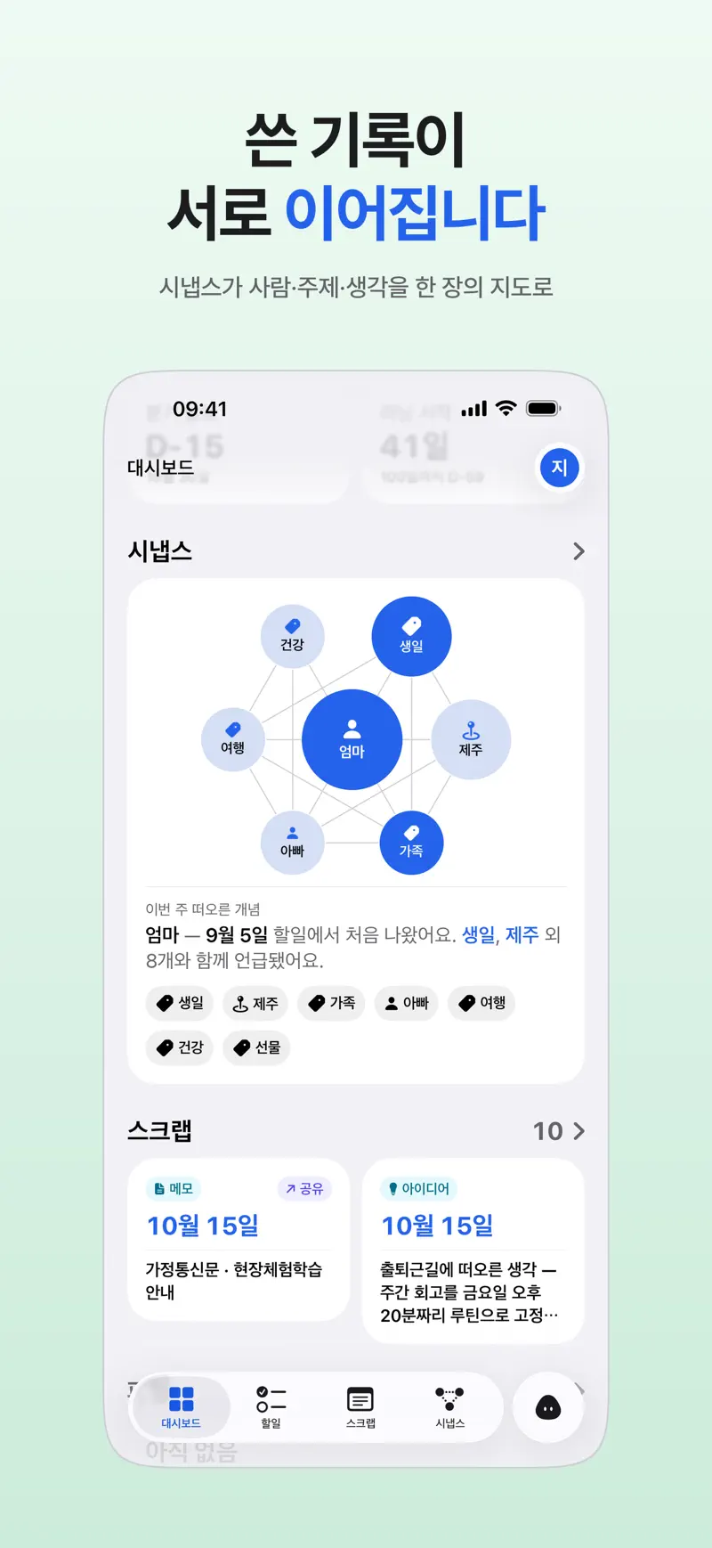 App Store 스크린샷: 사람·주제·생각이 선으로 이어진 시냅스 지도와 그 아래 스크랩 카드