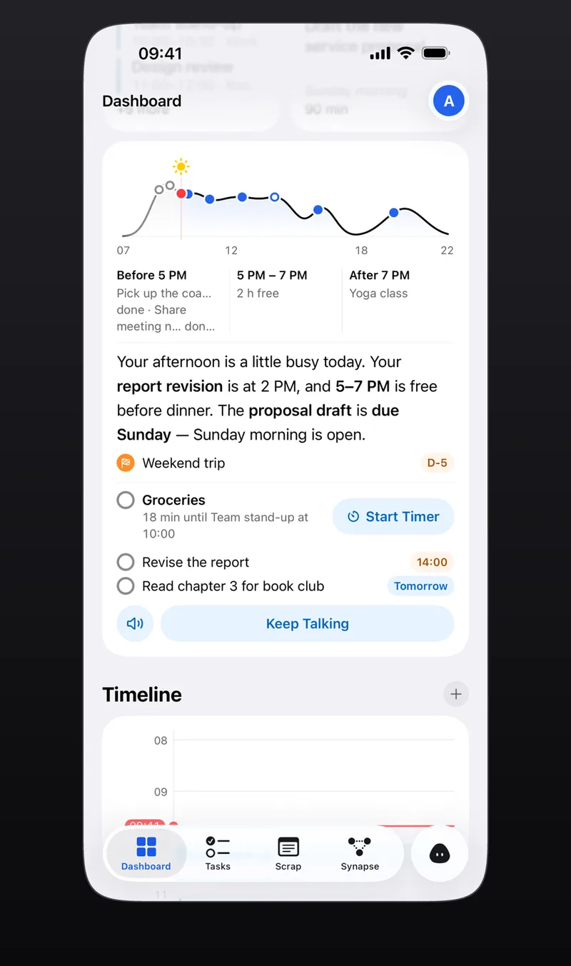 App Store screenshot: Aria dashboard with the day-flow graph, today’s briefing, a list of what to do first and a Start Timer button