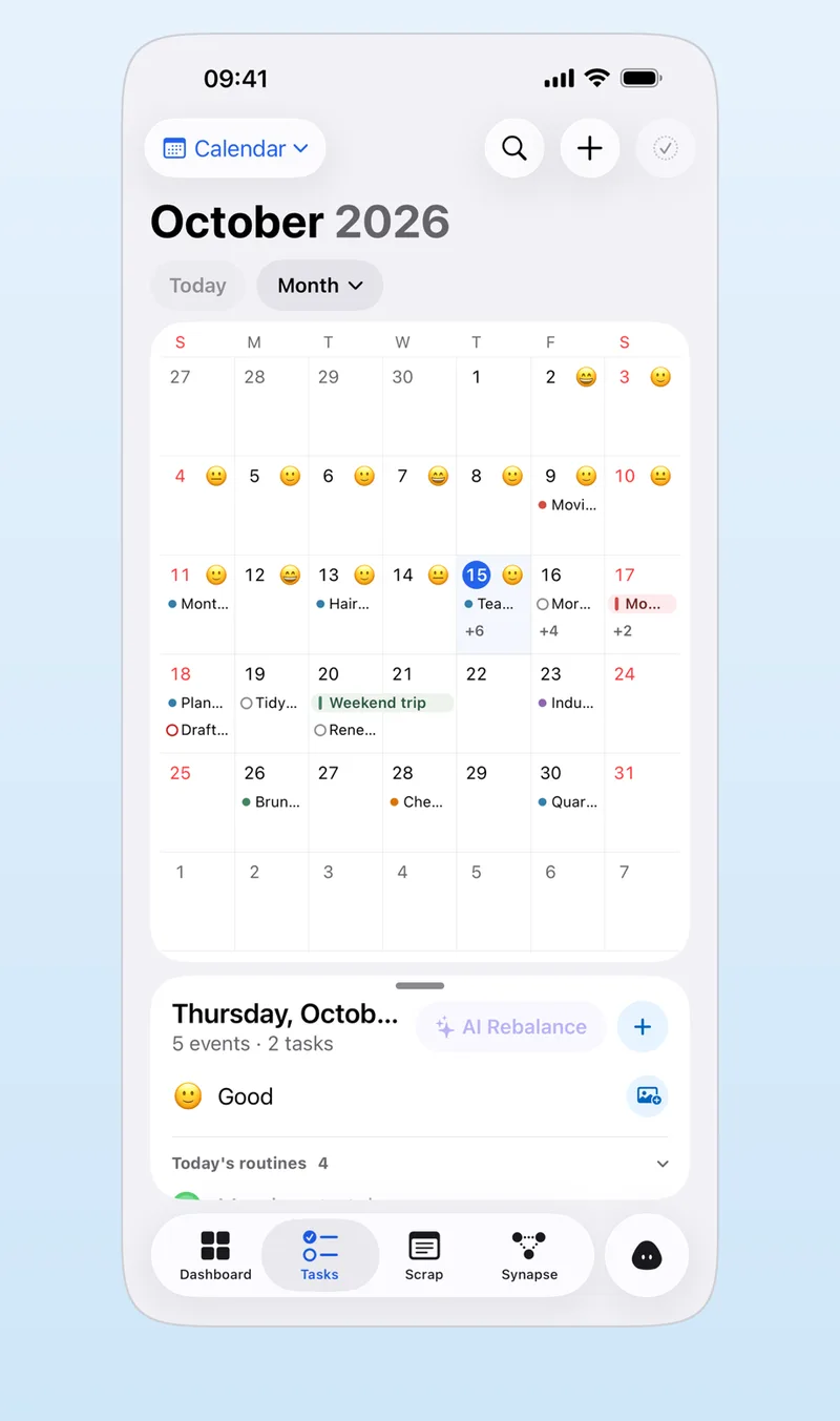 App Store screenshot: Aria monthly calendar showing moods, tasks and events on each date, with the selected day’s list underneath