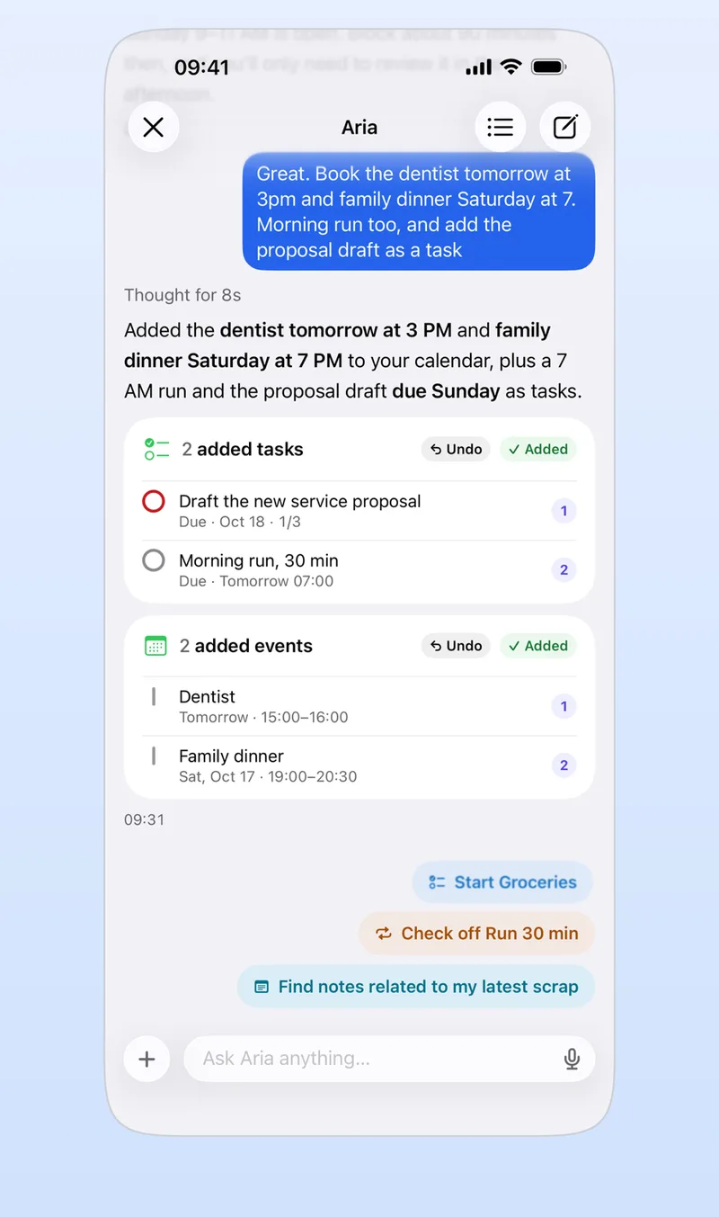 App Store screenshot: Aria chat where one sentence became two tasks and two events