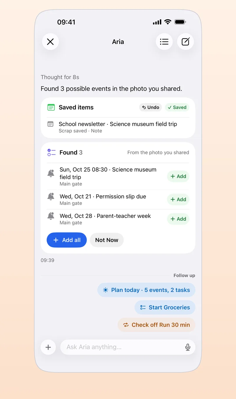App Store screenshot: Aria chat showing three events found in a shared photo, with an Add All button