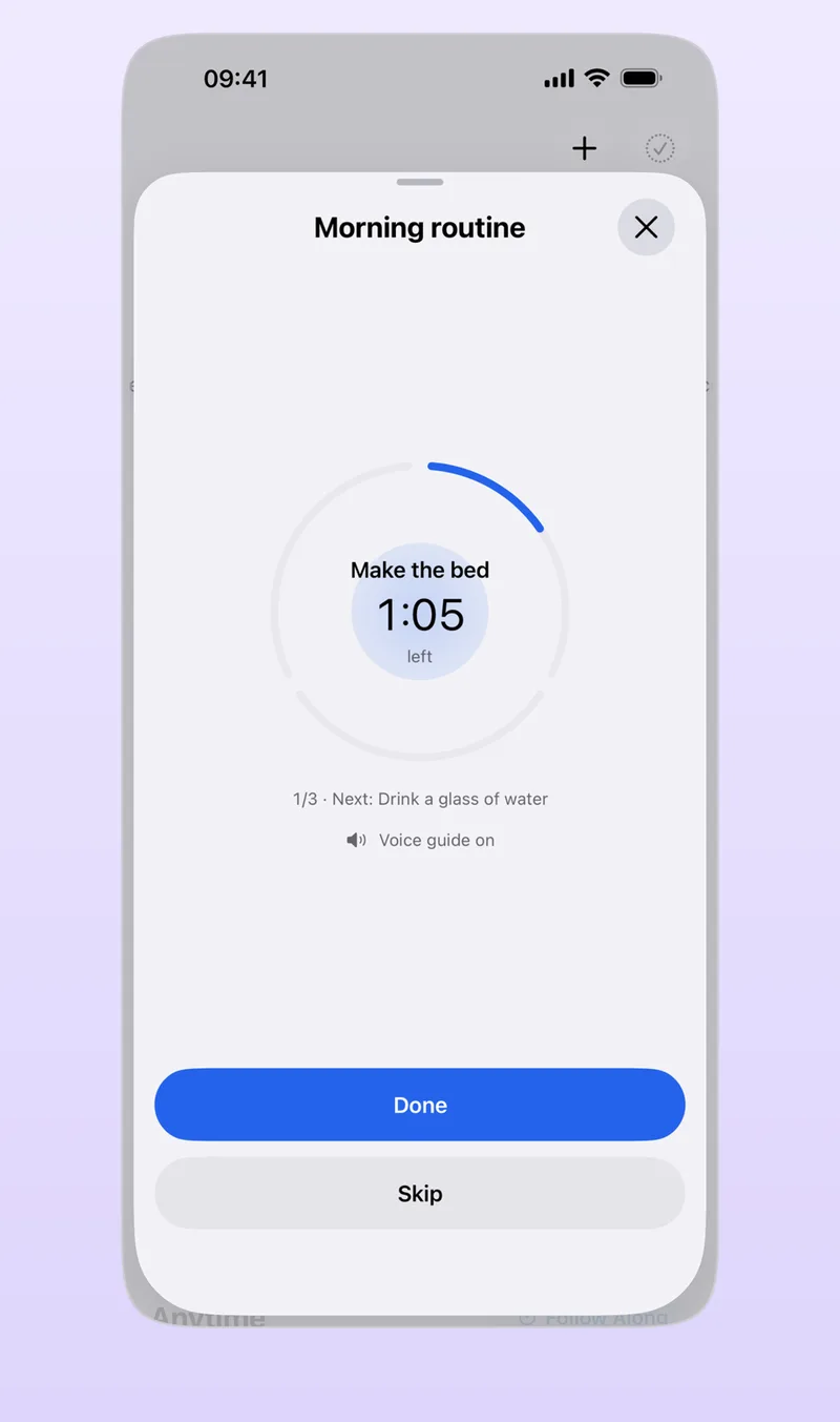 App Store screenshot: Aria morning routine with a circular timer for each step and Done and Skip buttons
