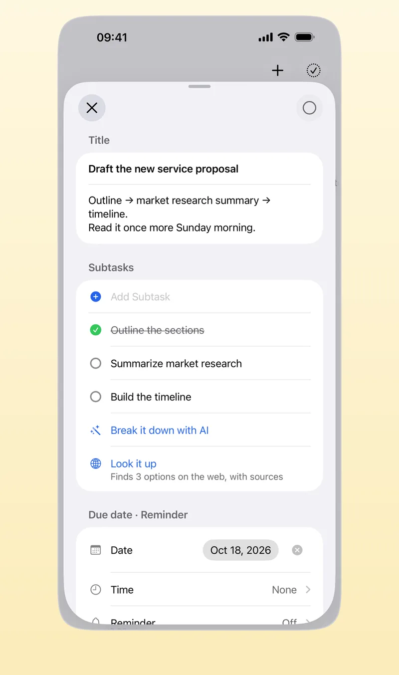 App Store screenshot: Aria task detail with subtasks, Break it down with AI, and due date, time and reminder fields